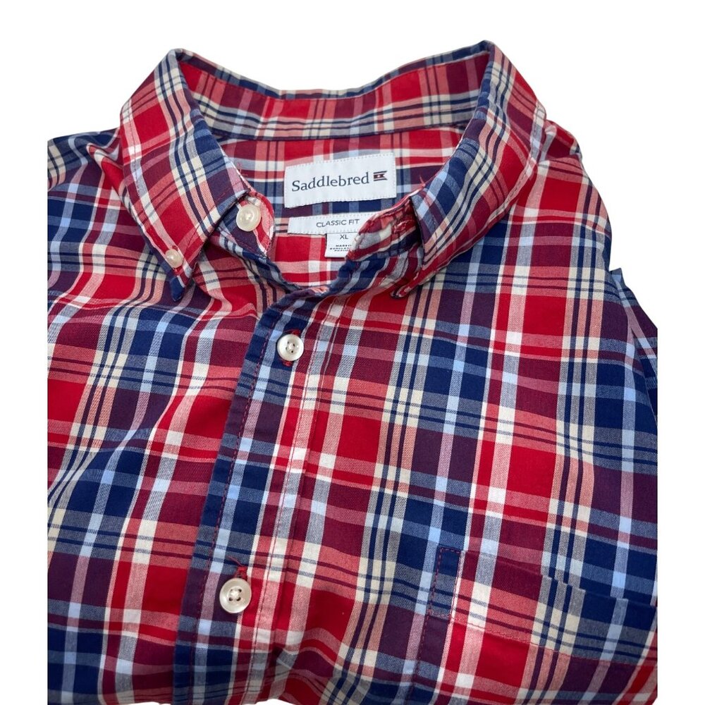 Saddlebred Red & Blue‎ Plaid Button-Down Shirt Classic Fit XL Long Sleeve